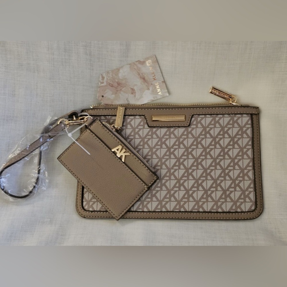 Anne Klein Logo 2pc.Set Pouch wristlet wallet CARD Coin Purse taupe Truffle NWOT